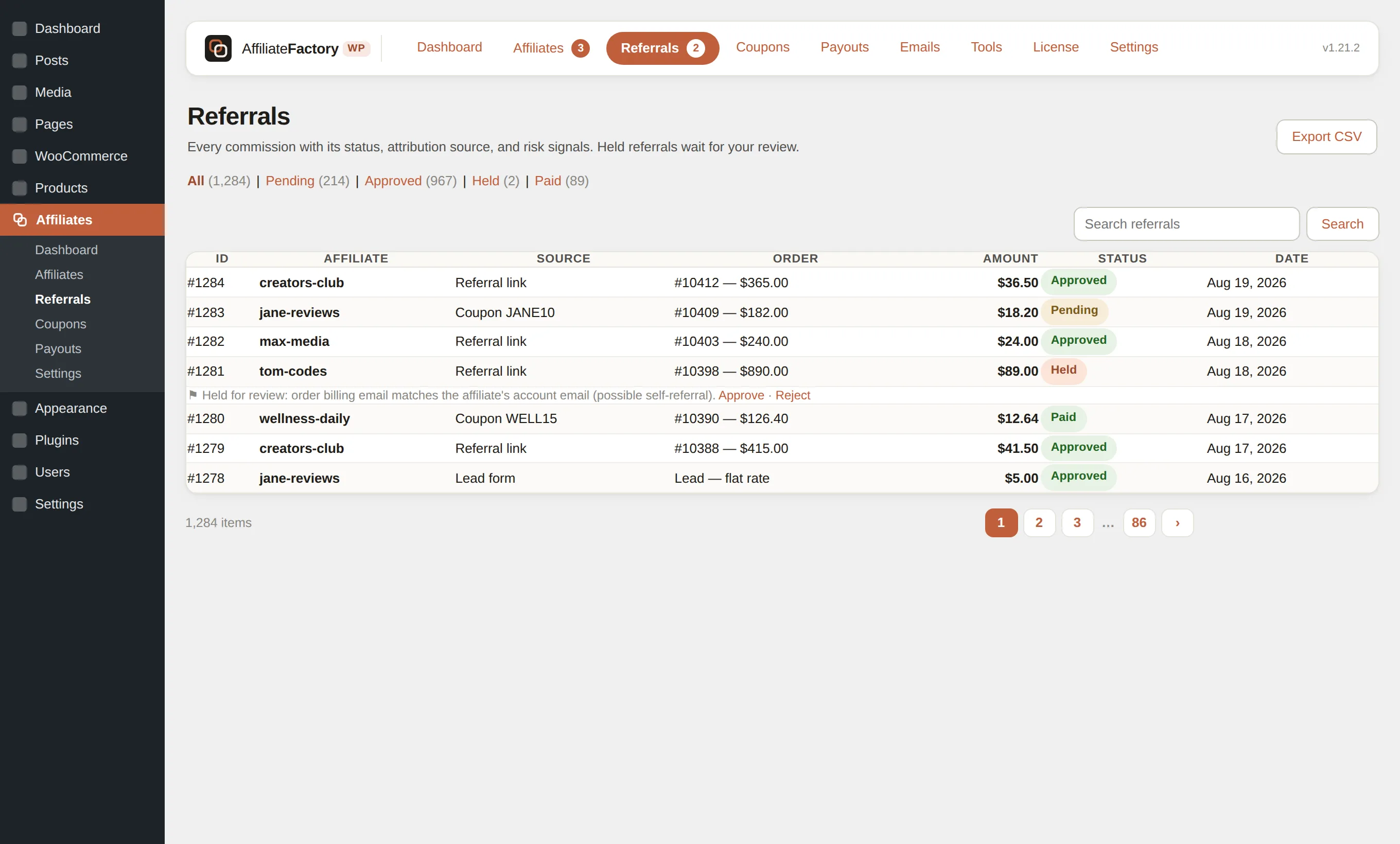 Referrals screen with statuses and a held referral explaining its fraud signals in plain language